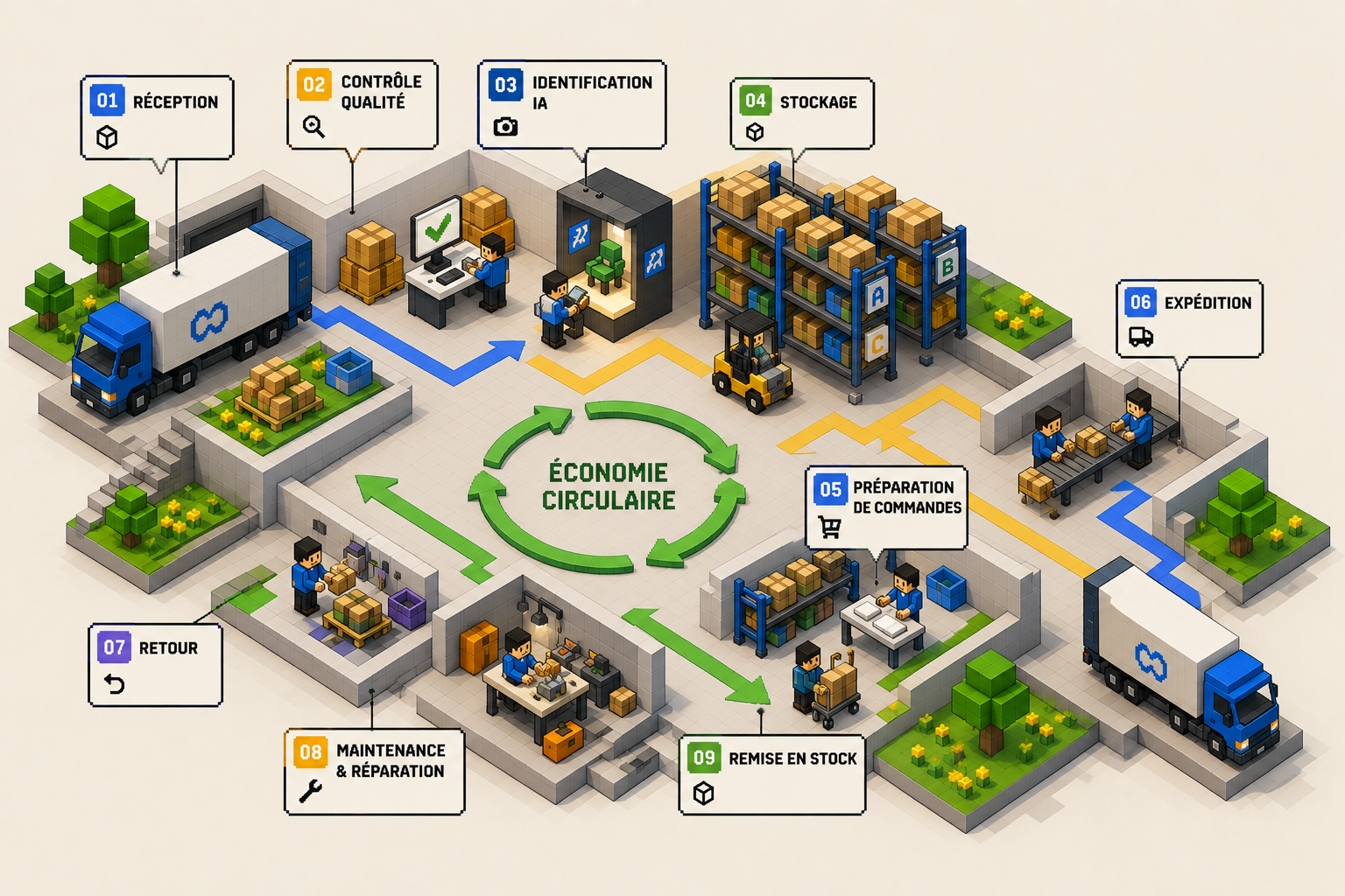 Plan isométrique du cycle logistique circulaire Factory en 9 étapes